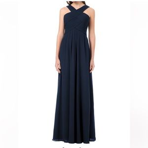 Bill Levkoff Navy Cross-Front Halter Evening Gown